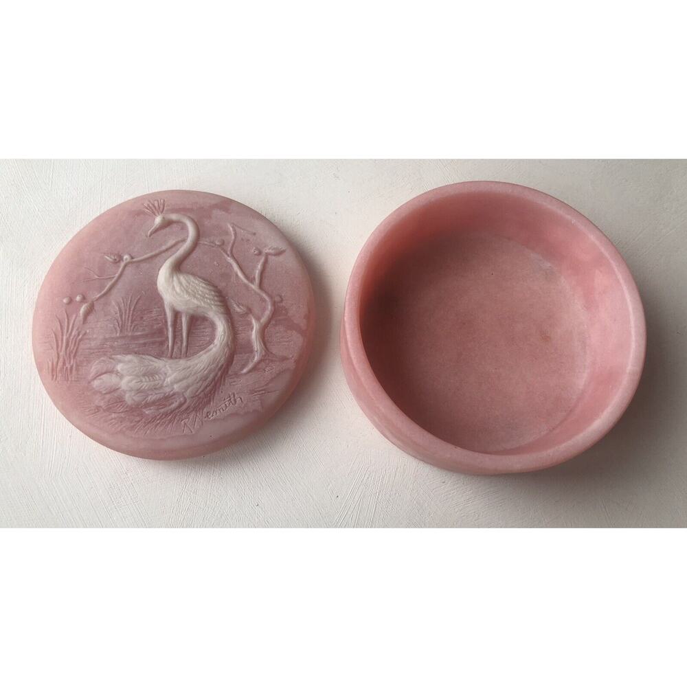 Round Trinket Dish Carved Elegant Peacock Bird Pink Soapstone Signed R. Nemith